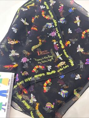 Save the Children 'Happy Little Bugs' Black Printed Scarf, Vintage 100% Silk